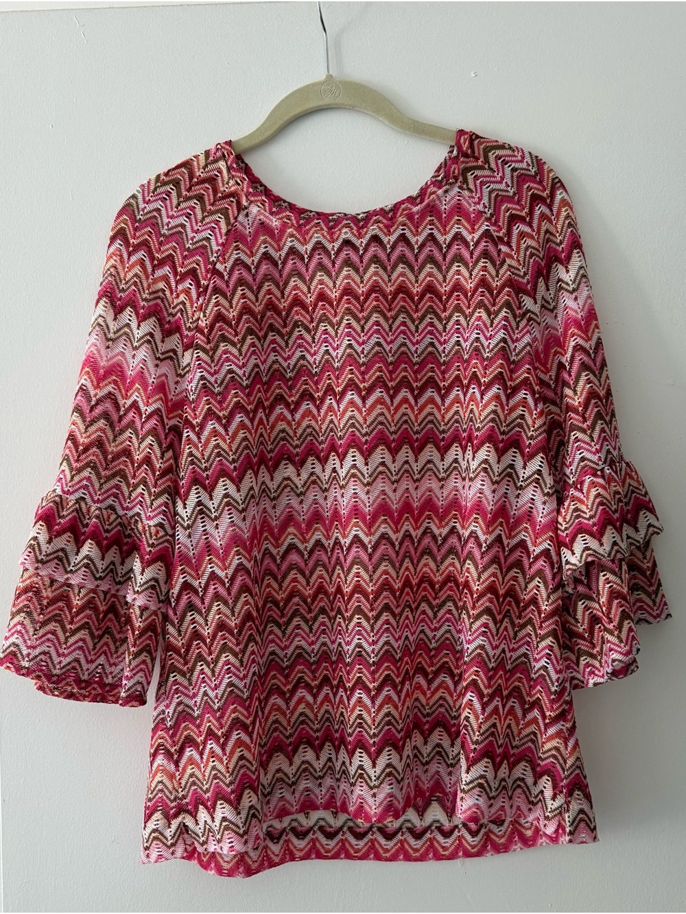 Eva Franco Pink Chevron Ruffle Sleeve Blouse